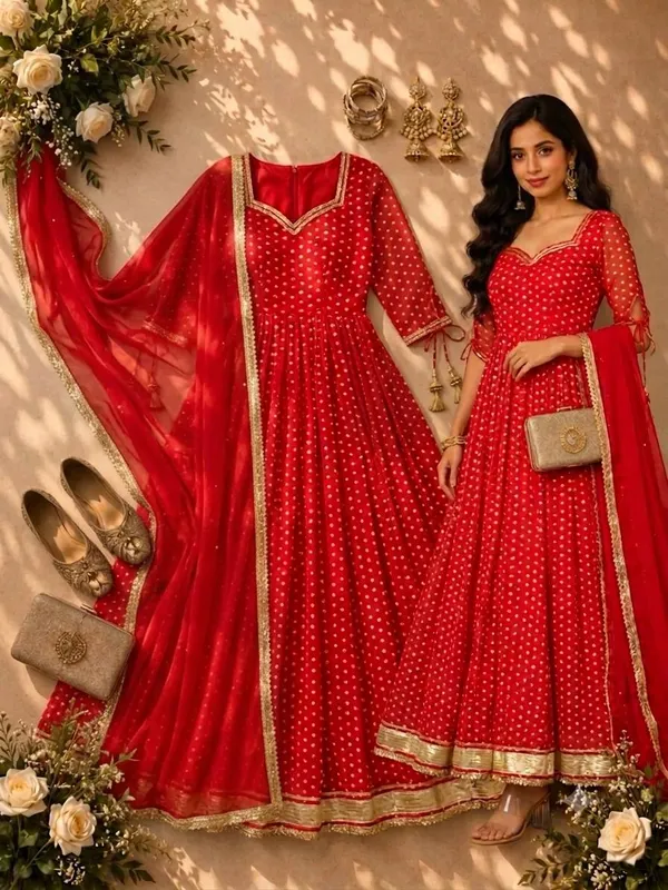 Launching_New_Party_Wear_Look_Heavy_Bandhej_Print_Faux_Georgette_Gown,Dupatta_&_Bottom_Set