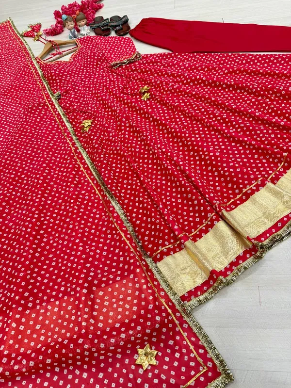 Launching_New_Party_Wear_Look_Heavy_Bandhej_Print_Faux_Georgette_Gown,Dupatta_&_Bottom_Set