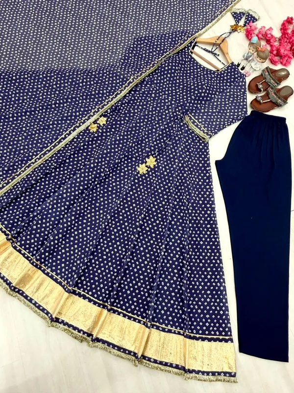 Launching_New_Party_Wear_Look_Heavy_Bandhej_Print_Faux_Georgette_Gown,Dupatta_&_Bottom_Set