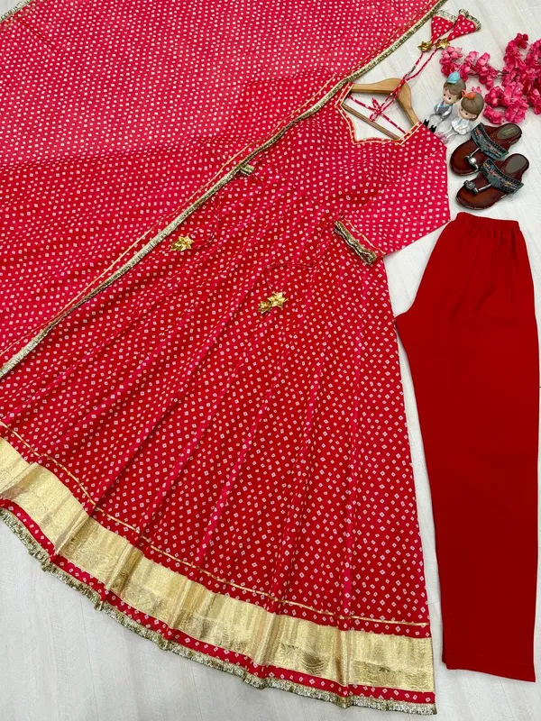 Launching_New_Party_Wear_Look_Heavy_Bandhej_Print_Faux_Georgette_Gown,Dupatta_&_Bottom_Set