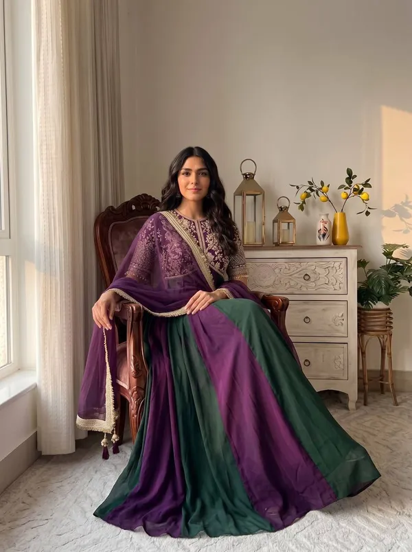 Launching_New_Party_Wear_Look_Pur_Nc_Moss_Gown,Dupatta_&_Bottom_Set