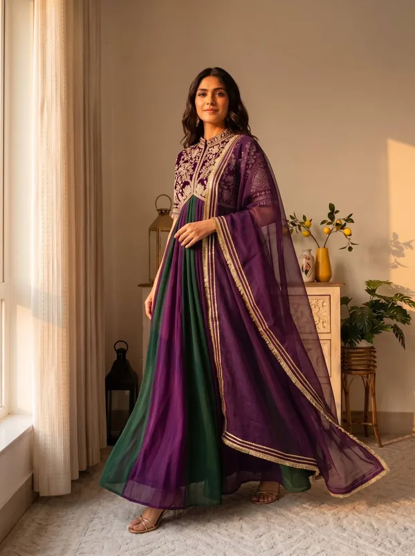 Launching_New_Party_Wear_Look_Pur_Nc_Moss_Gown,Dupatta_&_Bottom_Set