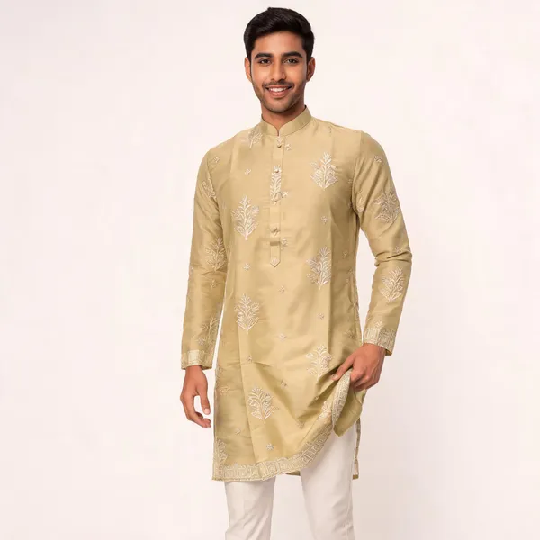 Beige_Cotton_Straight_Embroidered_Kurta_For_Men
