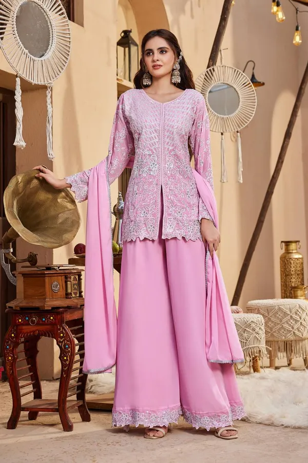 New_designer_Party_Wear_Look_Heavy_Faux_Georgette_Top_Plazzo_&_Dupatta_Set