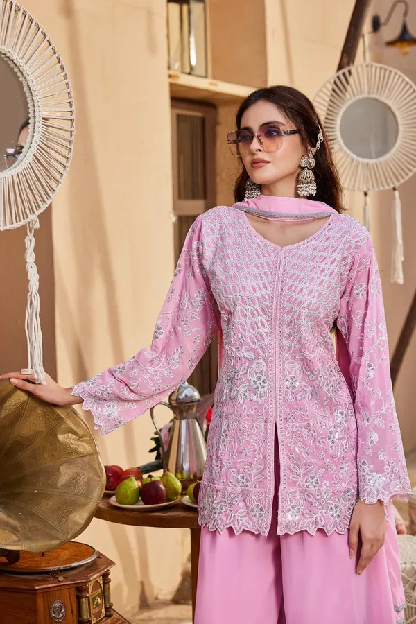 New_designer_Party_Wear_Look_Heavy_Faux_Georgette_Top_Plazzo_&_Dupatta_Set