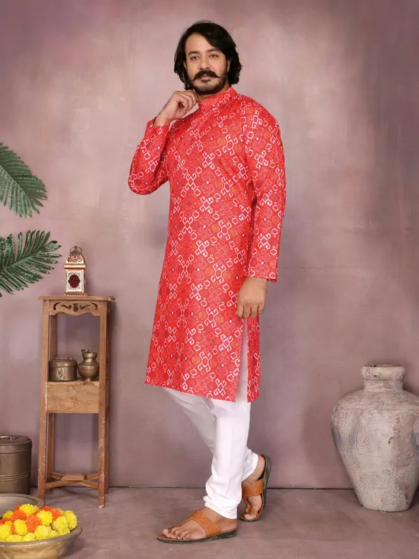 Red_Cotton_Straight_Printed_Kurta_For_Men
