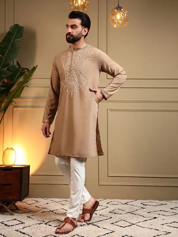 Beige_Cotton_Straight_Embroidered_Kurta_For_Men