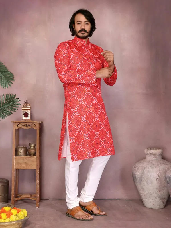 Red_Cotton_Straight_Printed_Kurta_For_Men