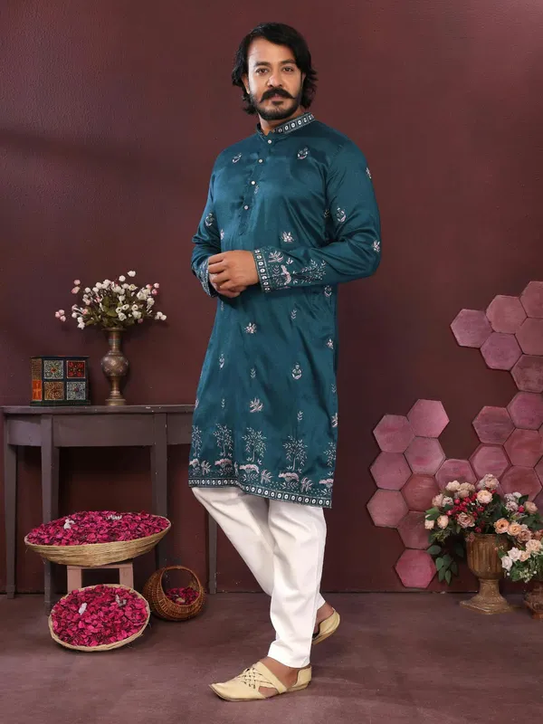 Teal_Cotton_Straight_Embroidered_Kurta_For_Men