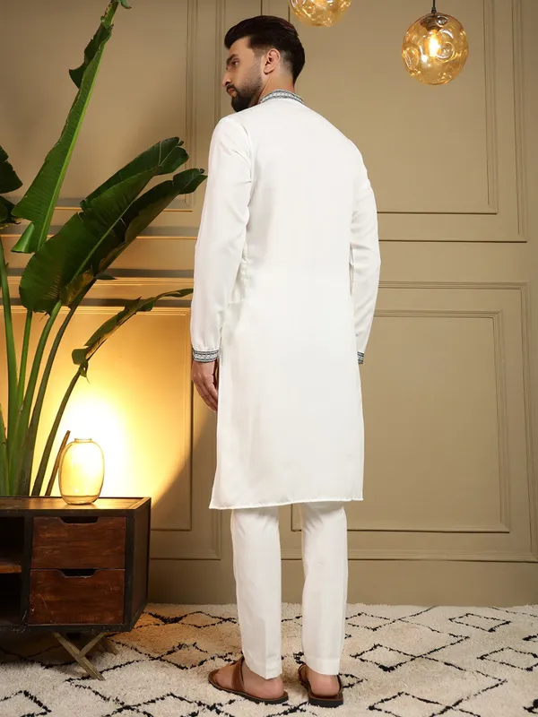 White_Viscose_Silk_Straight_Printed_Kurta_Set_For_Men