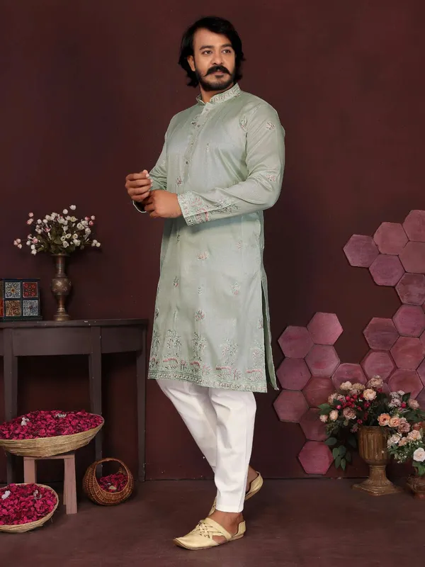 Sage_Green_Cotton_Straight_Embroidered_Kurta_Set_For_Men
