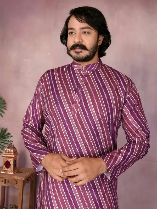 Purple_Cotton_Straight_Printed_Kurta_For_Men