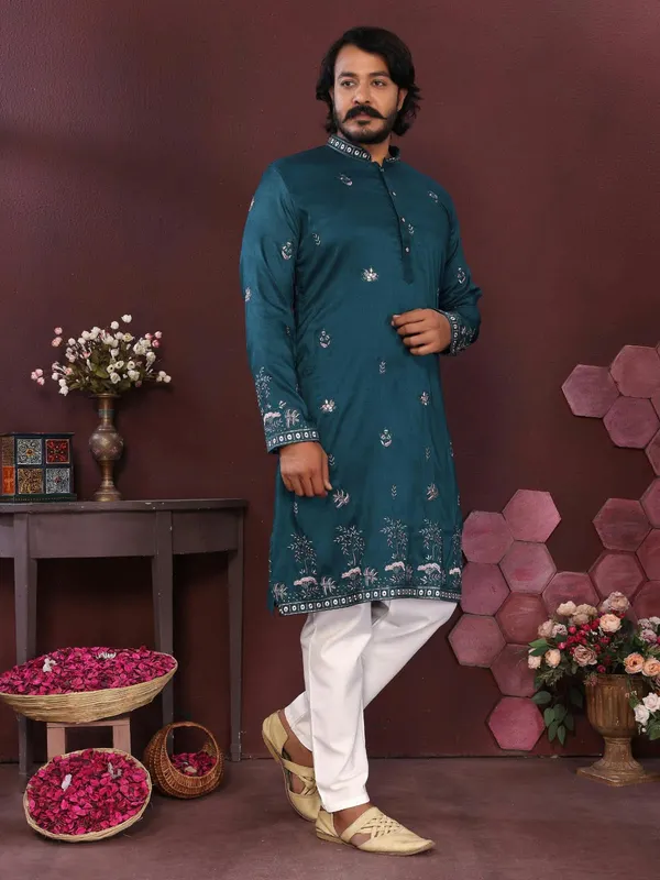Teal_Cotton_Straight_Embroidered_Kurta_For_Men