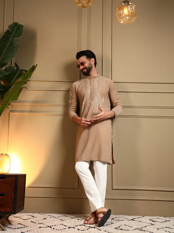 Beige_Cotton_Straight_Embroidered_Kurta_For_Men