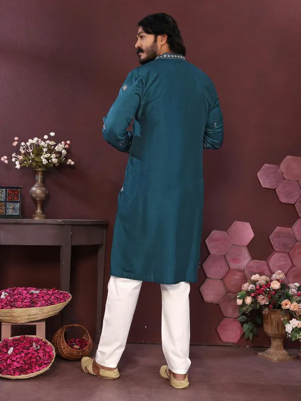 Teal_Cotton_Straight_Embroidered_Kurta_For_Men