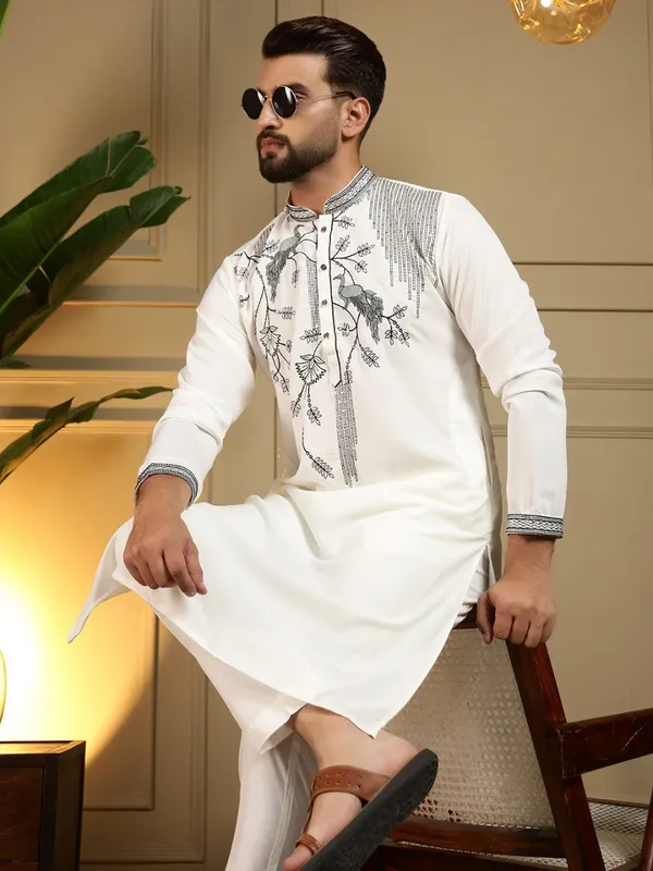 White_Viscose_Silk_Straight_Printed_Kurta_Set_For_Men