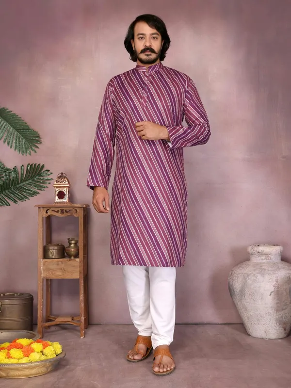 Purple_Cotton_Straight_Printed_Kurta_For_Men