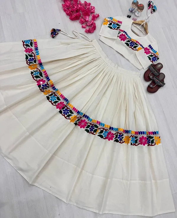 YellElevate_Your_Navratri_Style_with_our_Exquisite_Pur_Kora_Cotton_Lehenga_and_Intricately_Embroidered__Gamthi_Work_ow_Star_Silk_Straight_Embroidered_Kurta_For_Men