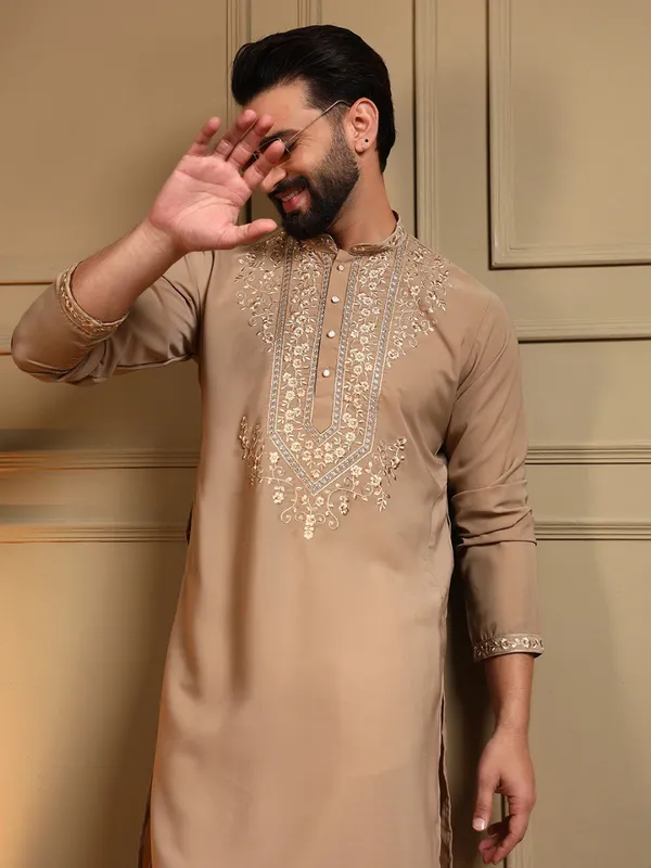 Beige_Cotton_Straight_Embroidered_Kurta_For_Men