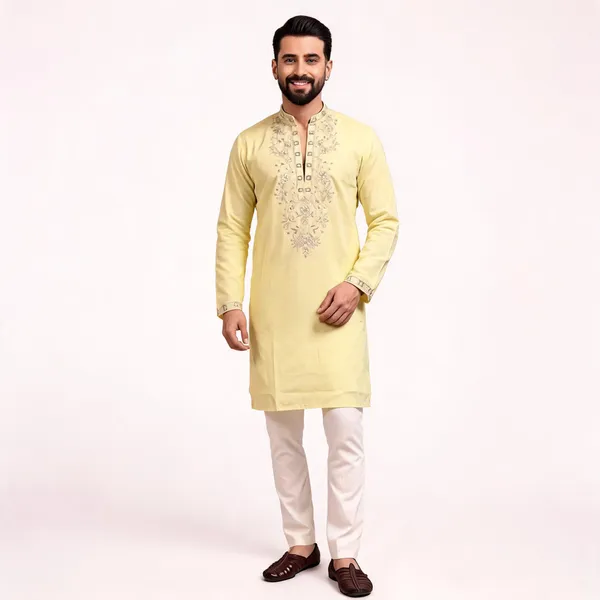 Yellow_Star_Silk_Straight_Embroidered_Kurta_For_Men