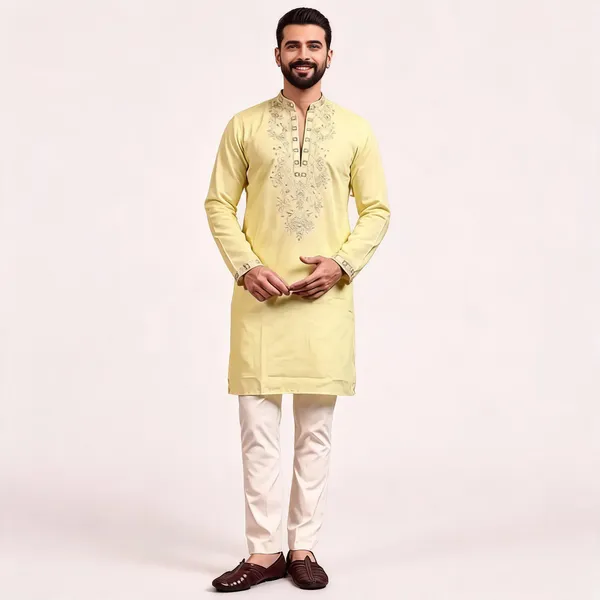 Yellow_Star_Silk_Straight_Embroidered_Kurta_For_Men