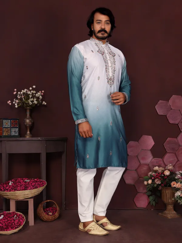 aque_blue-_Star_Silk_Straight_Embroidered_Kurta_For_Men