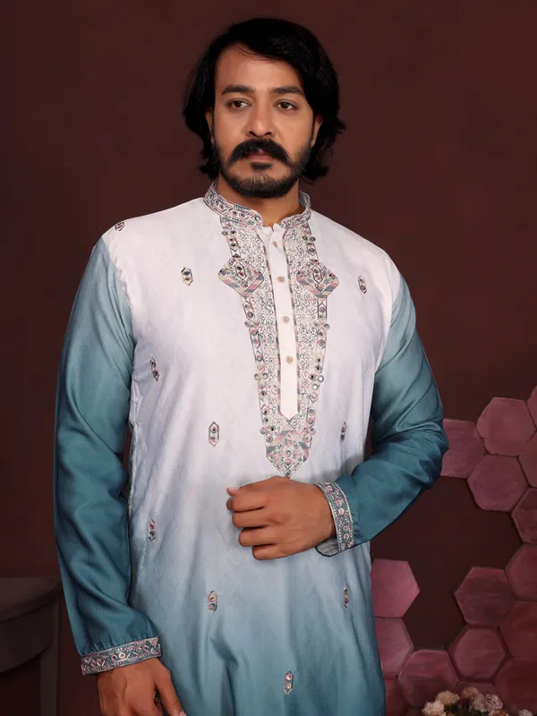 aque_blue-_Star_Silk_Straight_Embroidered_Kurta_For_Men