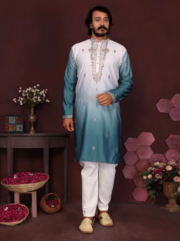 aque_blue-_Star_Silk_Straight_Embroidered_Kurta_For_Men