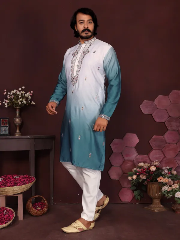 aque_blue-_Star_Silk_Straight_Embroidered_Kurta_For_Men