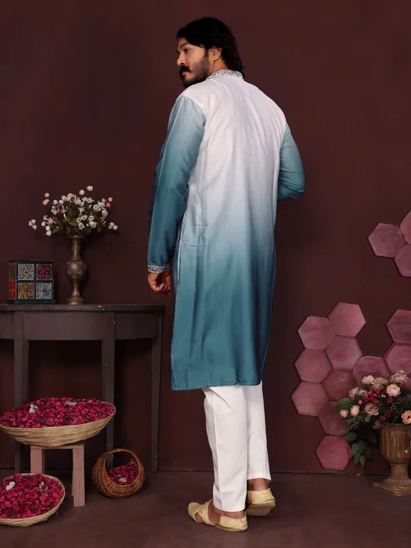 aque_blue-_Star_Silk_Straight_Embroidered_Kurta_For_Men