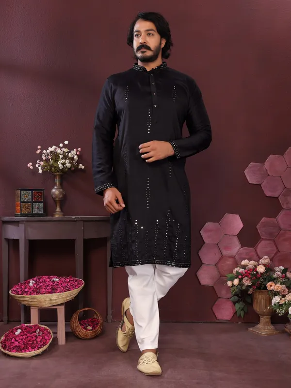black-_Star_Silk_Straight_Embroidered_Kurta_For_Men