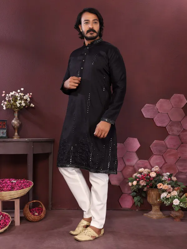 black-_Star_Silk_Straight_Embroidered_Kurta_For_Men