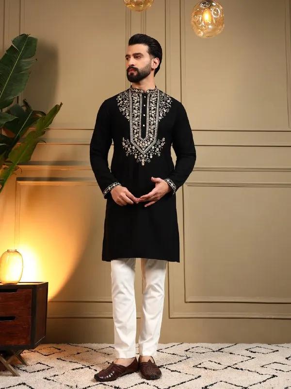black-_Star_Silk_Straight_Embroidered_Kurta_For_Men