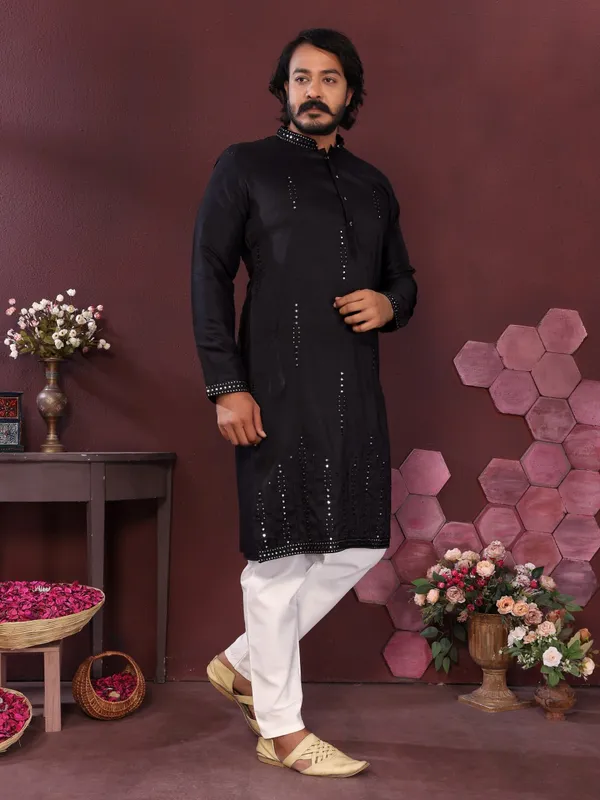 black-_Star_Silk_Straight_Embroidered_Kurta_For_Men