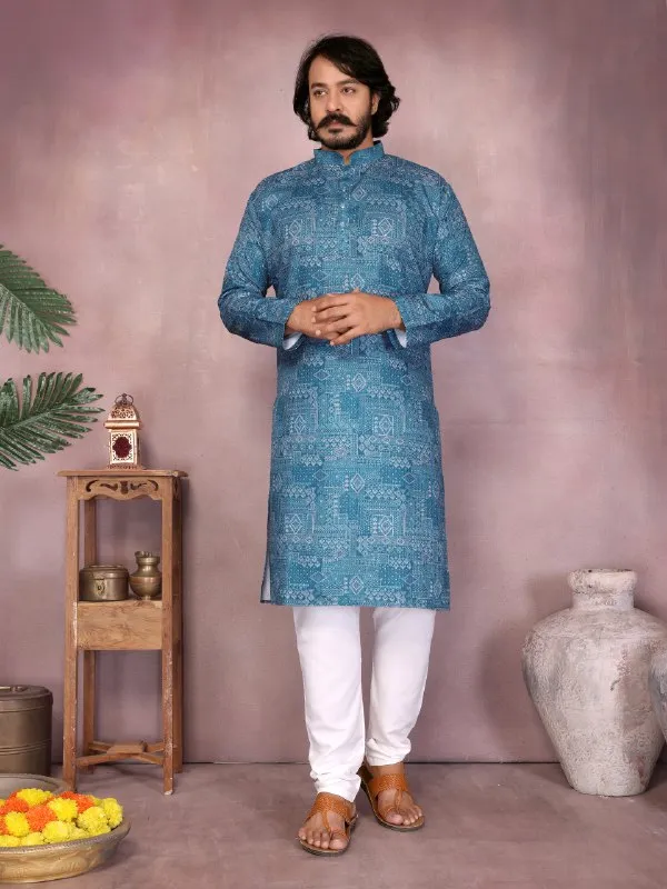 blue-_Star_Silk_Straight_Embroidered_Kurta_For_Men