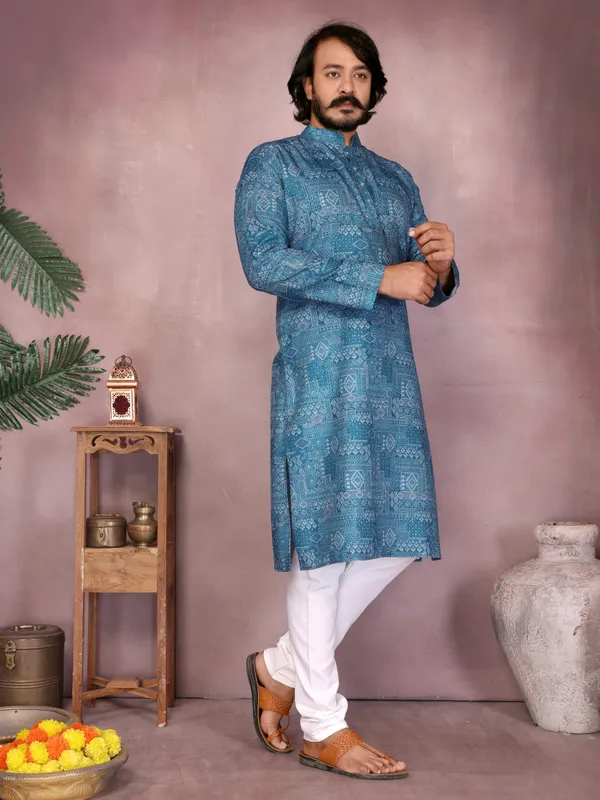 blue-_Star_Silk_Straight_Embroidered_Kurta_For_Men
