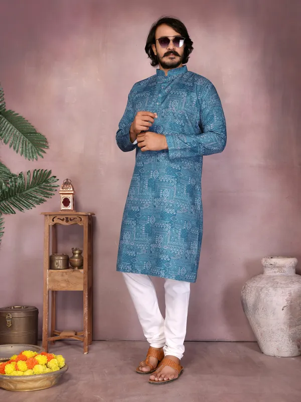 blue-_Star_Silk_Straight_Embroidered_Kurta_For_Men