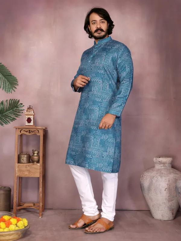 blue-_Star_Silk_Straight_Embroidered_Kurta_For_Men