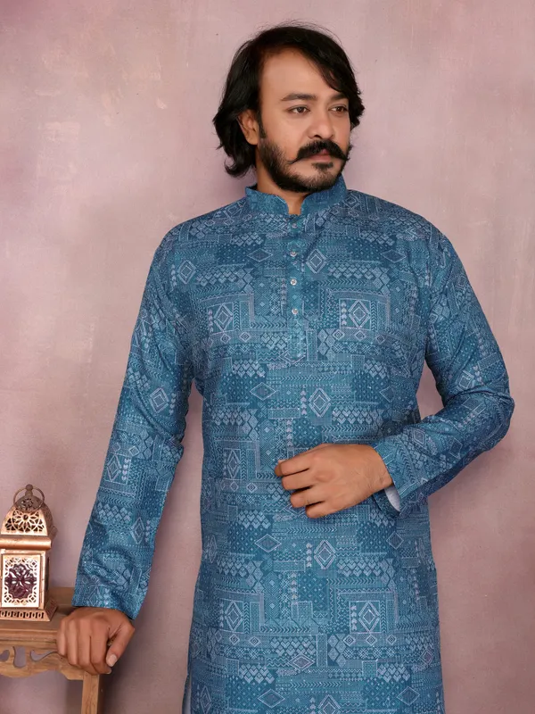 blue-_Star_Silk_Straight_Embroidered_Kurta_For_Men