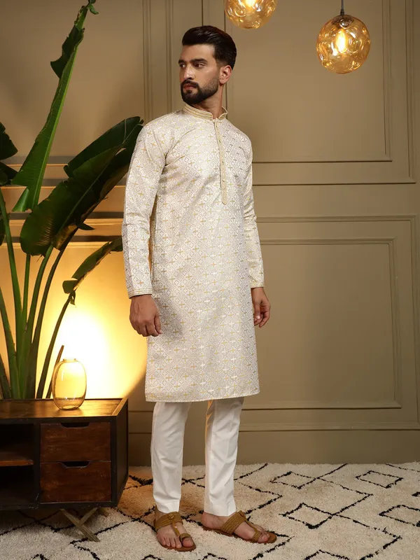 cream-_Star_Silk_Straight_Embroidered_Kurta_For_Men