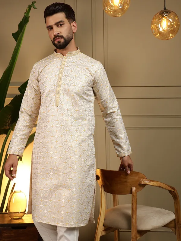 cream-_Star_Silk_Straight_Embroidered_Kurta_For_Men