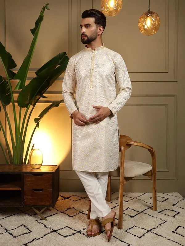 cream-_Star_Silk_Straight_Embroidered_Kurta_For_Men