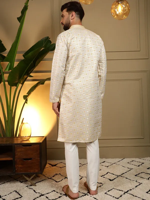 cream-_Star_Silk_Straight_Embroidered_Kurta_For_Men