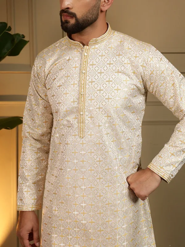 cream-_Star_Silk_Straight_Embroidered_Kurta_For_Men
