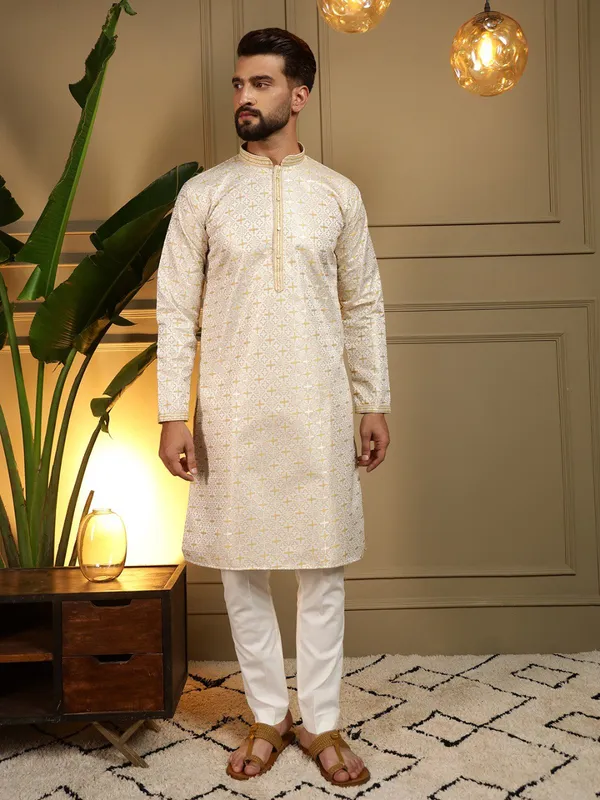 cream-_Star_Silk_Straight_Embroidered_Kurta_For_Men