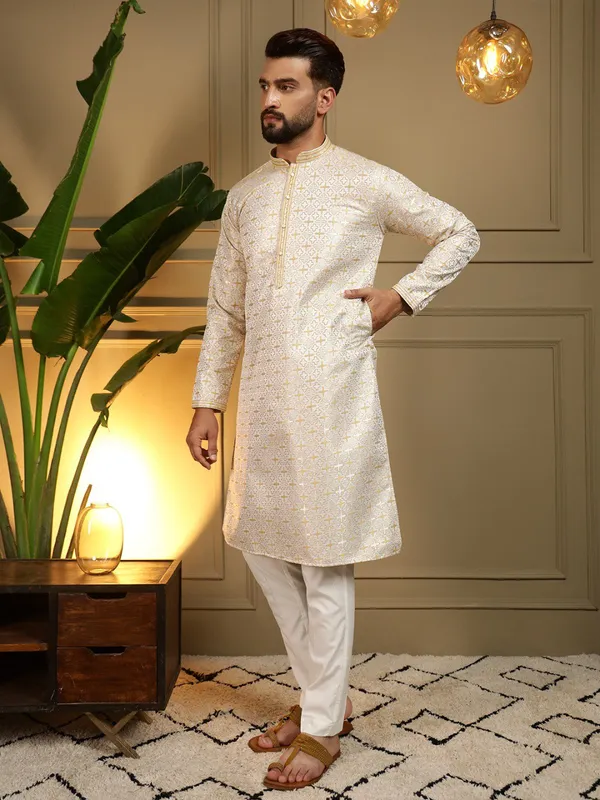 cream-_Star_Silk_Straight_Embroidered_Kurta_For_Men