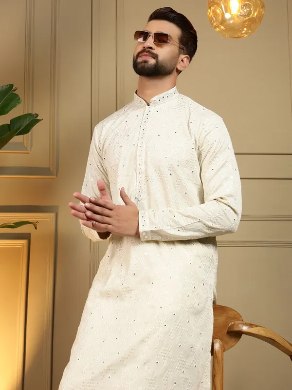 cream_-_Star_Silk_Straight_Embroidered_Kurta_For_Men