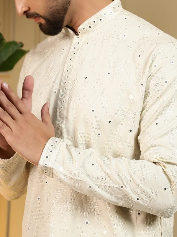 cream_-_Star_Silk_Straight_Embroidered_Kurta_For_Men