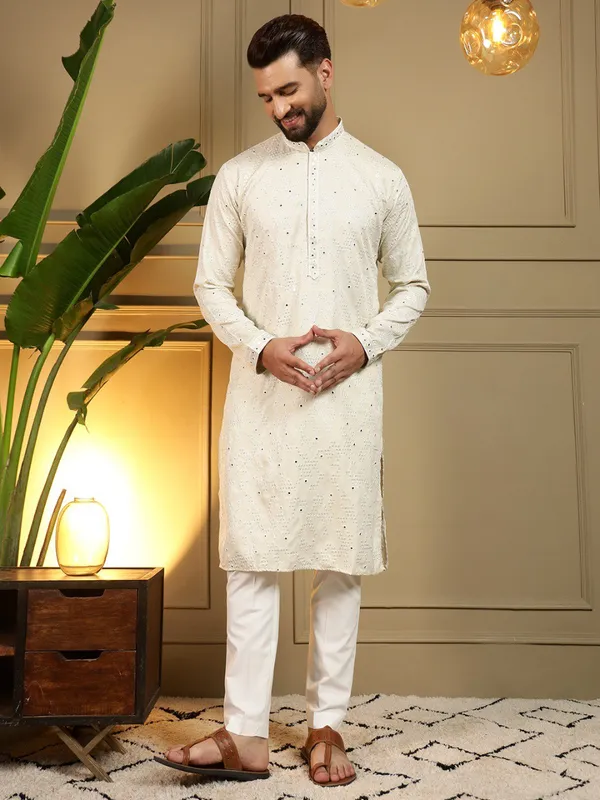 cream_-_Star_Silk_Straight_Embroidered_Kurta_For_Men