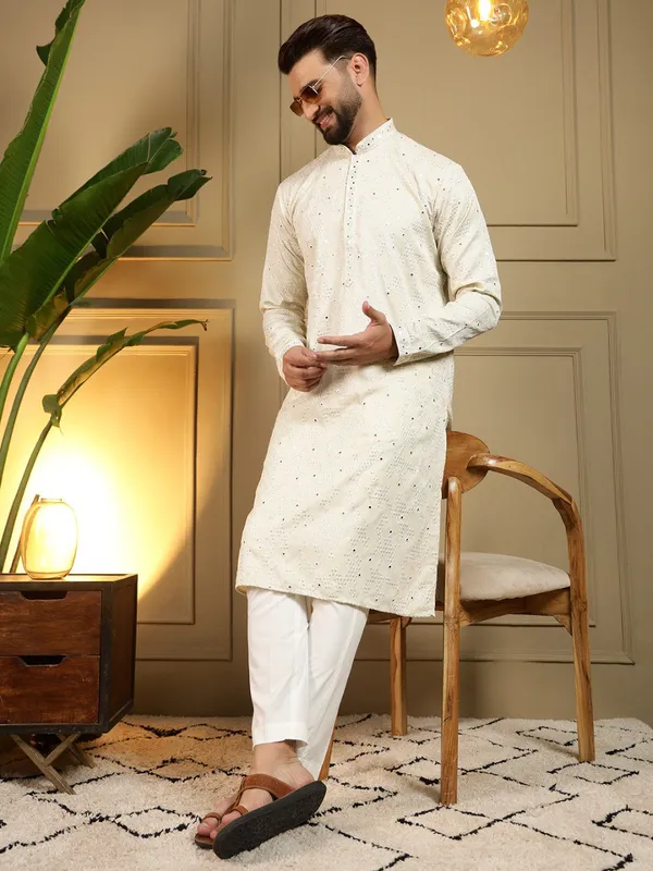 cream_-_Star_Silk_Straight_Embroidered_Kurta_For_Men